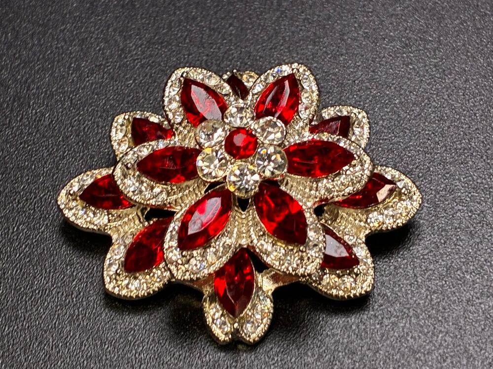 Vintage Red & Clear Rhinestone Floral Statement Brooch